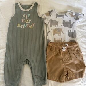 Lot of 3 Baby Outfit Set with Green Romper and Elephant Print